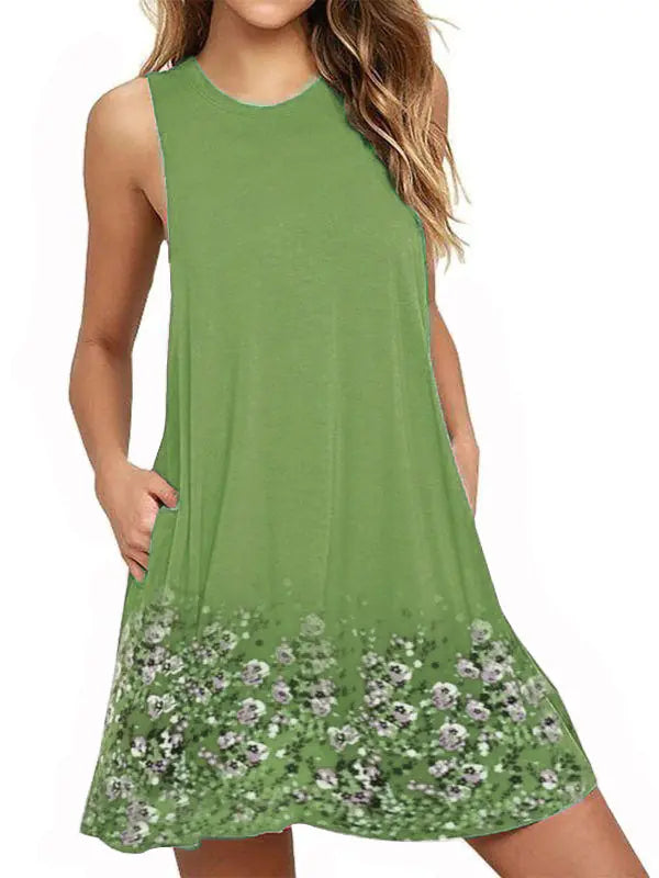 Floral Sleeveless A-Line Dress with Round Neck