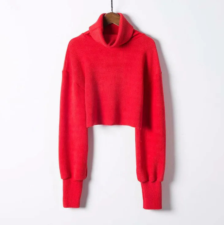 Loose Fit High Neck Crop Knit Sweater with Long Sleeves
