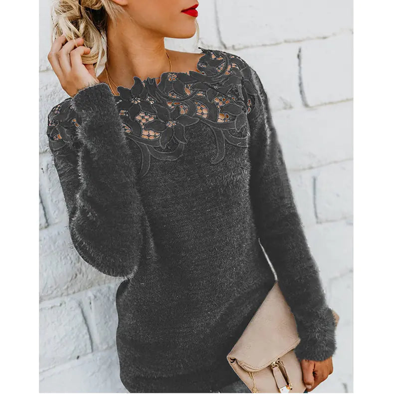Solid Color Lace Stitch Long Sleeve Sweater