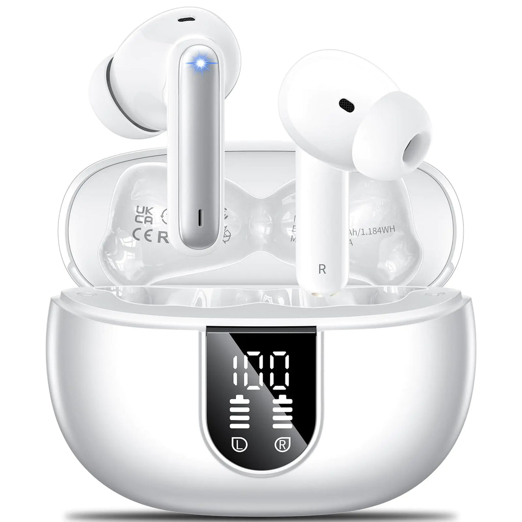Wireless Earbuds 2024 Wireless Headphones HiFi Stereo Earphones with 4 ENC Noise Canceling Mic 42Hs Playtime In Ear Earbud Bluetooth 5.3 Sport Earphones with LED Power Display for Android iOS White