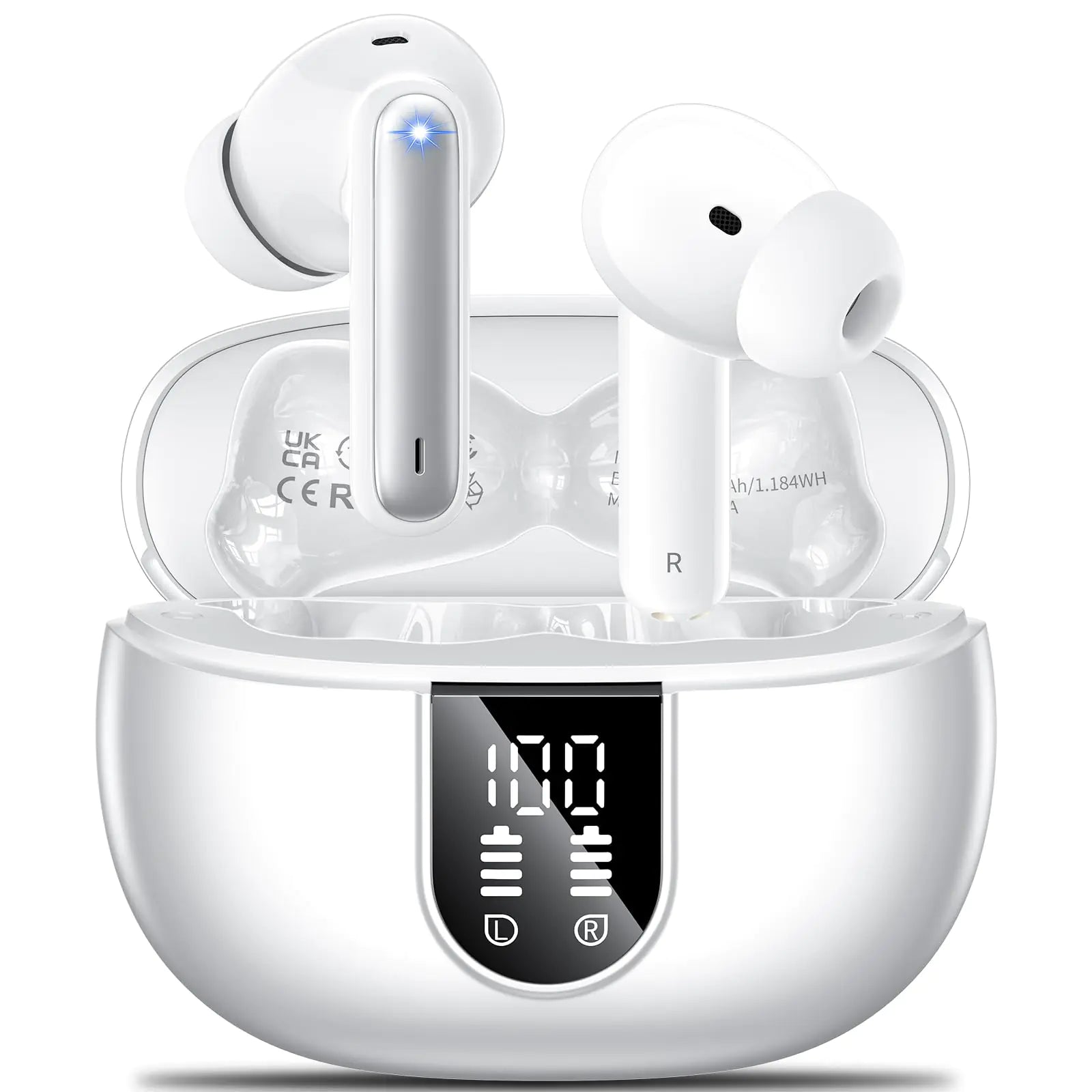 Wireless Earbuds 2024 Wireless Headphones HiFi Stereo Earphones with 4 ENC Noise Canceling Mic 42Hs Playtime In Ear Earbud Bluetooth 5.3 Sport Earphones with LED Power Display for Android iOS White