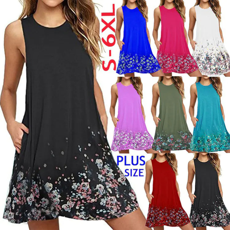 Floral Sleeveless A-Line Dress with Round Neck