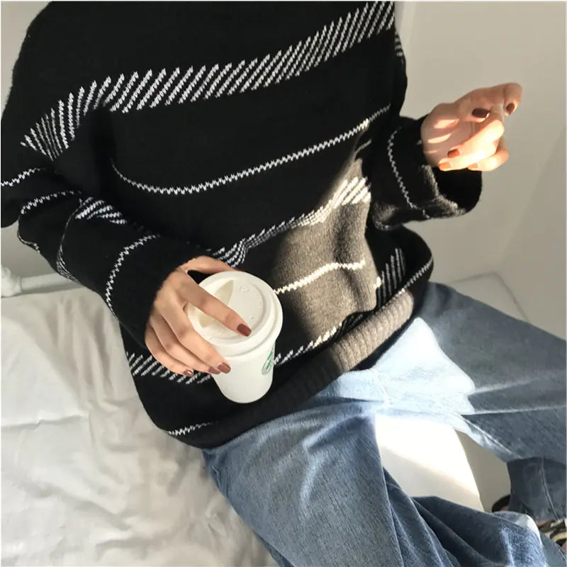 Korean Style Loose Turtleneck Striped Sweater