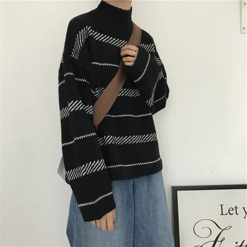 Korean Style Loose Turtleneck Striped Sweater