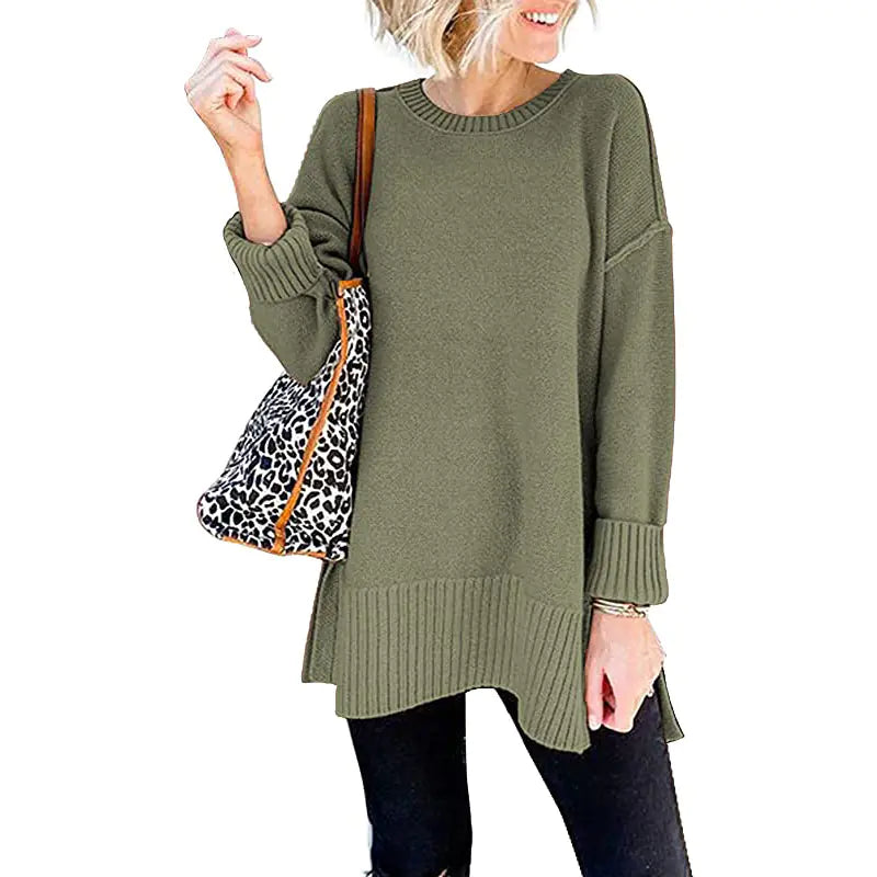 Loose Wool Knit Pullover Top with Side Slit and Long Sleeves