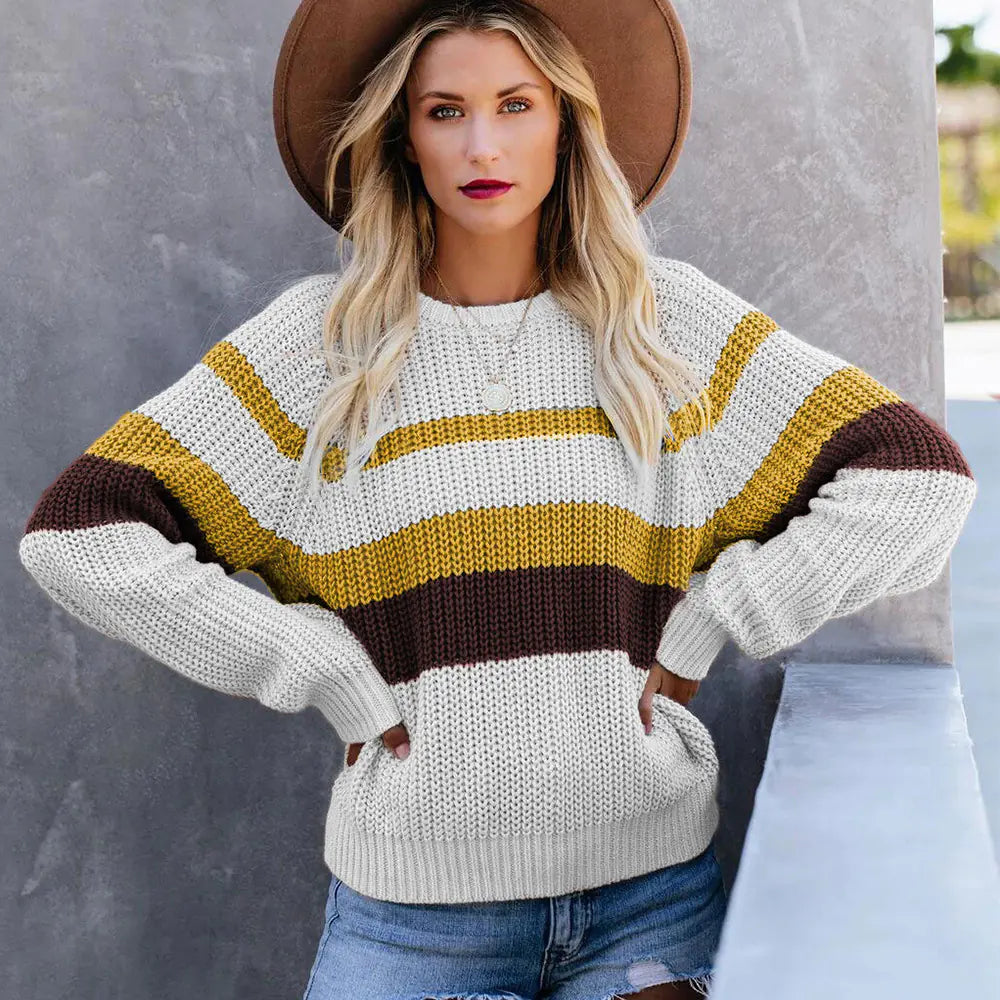 Casual Loose Color-Block Knit Sweater with Long Sleeves