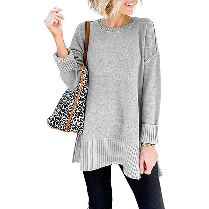 Loose Knit Pullover Top with Side Slit and Long Sleeves