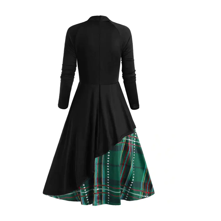 2020 Amazon Plaid Bow Long Sleeve Dress for Women