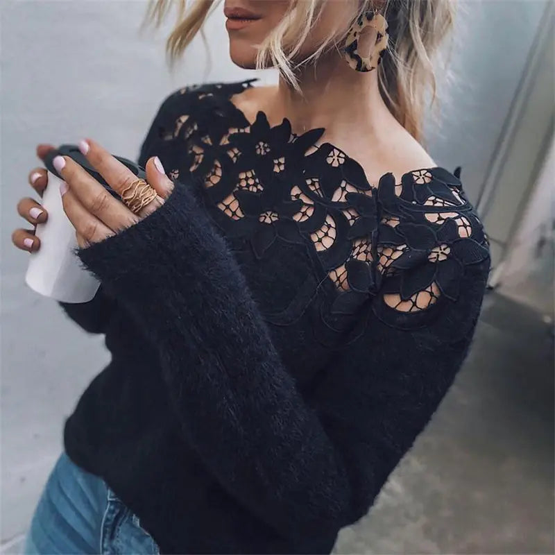 Solid Color Lace Stitch Long Sleeve Sweater