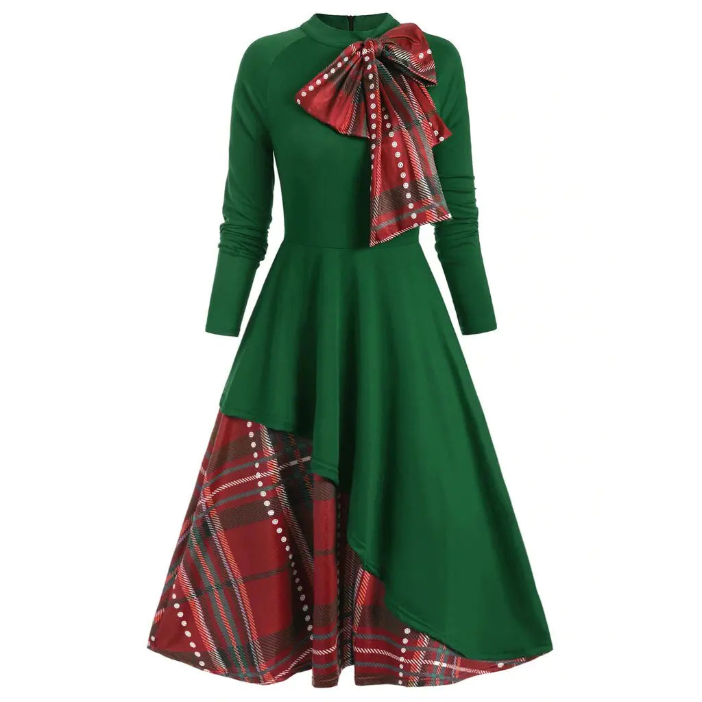 2020 Amazon Plaid Bow Long Sleeve Dress for Women