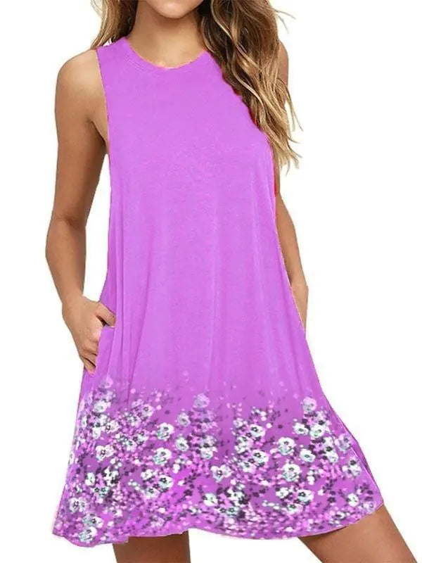Floral Sleeveless A-Line Dress with Round Neck