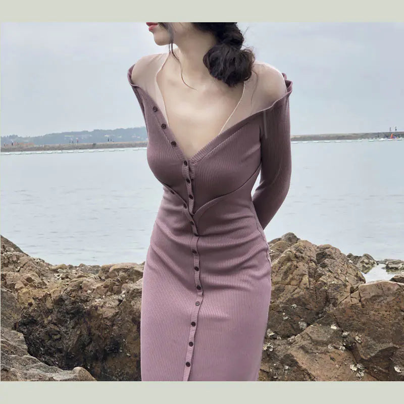 Two-Tone Knit Dress for Women - Long Sleeve, Slim Fit