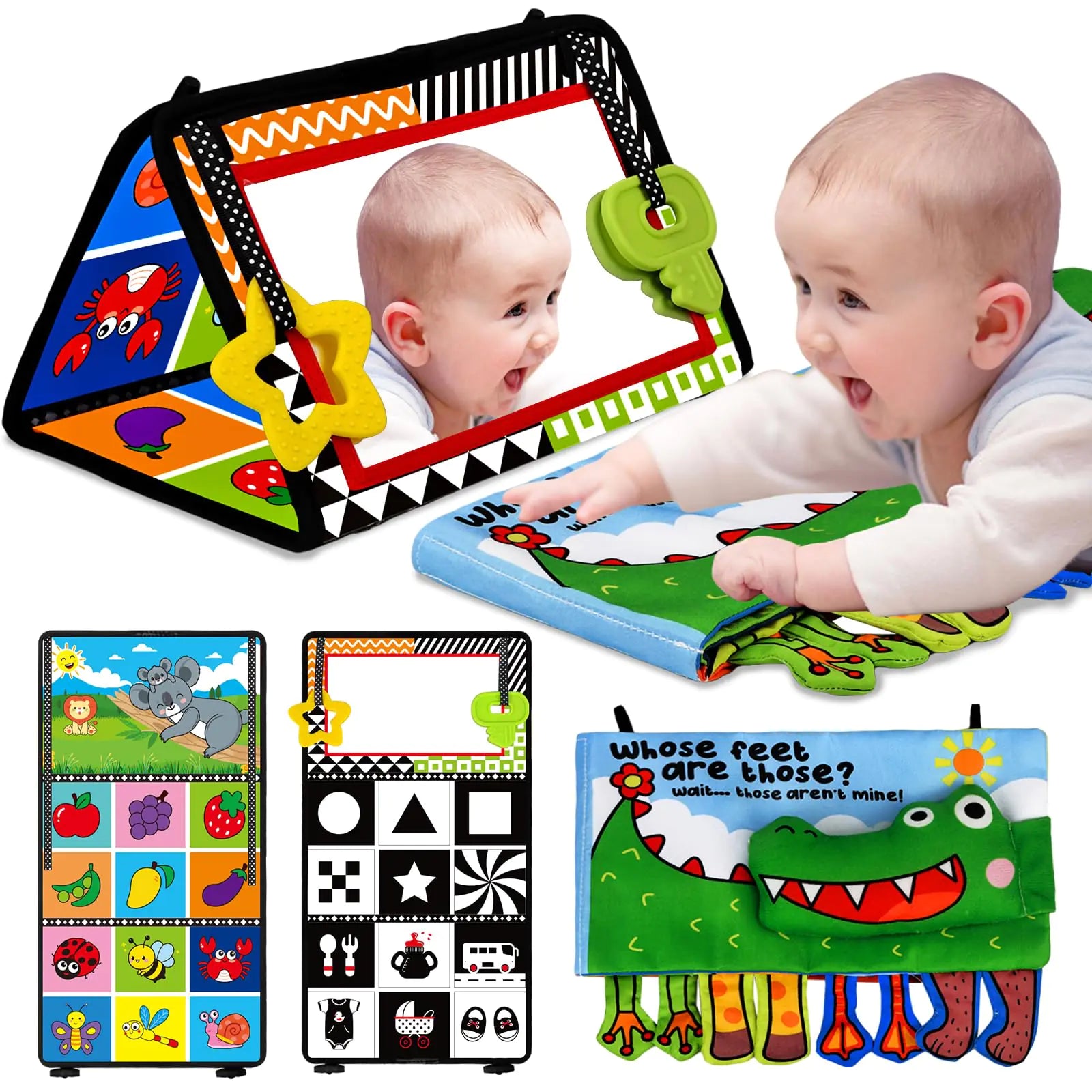 Baby Toys 0-6 Months: Tummy Time Baby Mirror Toys with Soft Activity Baby Book - Montessori Infant Sensory Toys - Newborn Toys 0 3 Months High Contrast for Babies Boys Girls Baby Gift 4 6 9 12 Months
