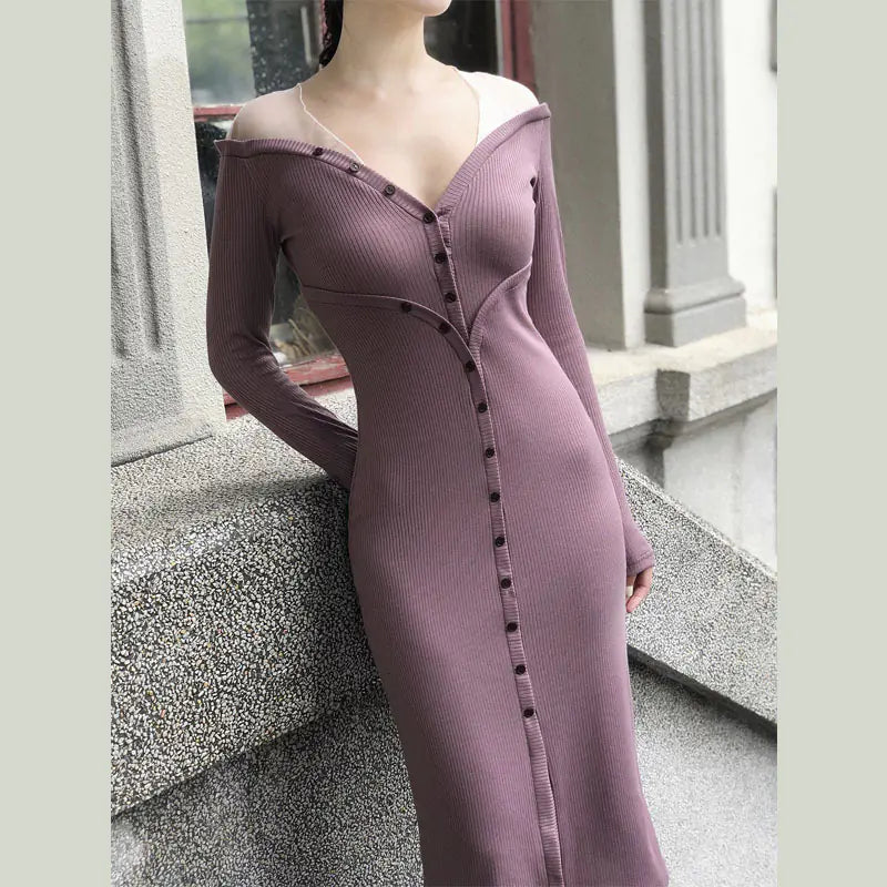 Two-Tone Knit Dress for Women - Long Sleeve, Slim Fit