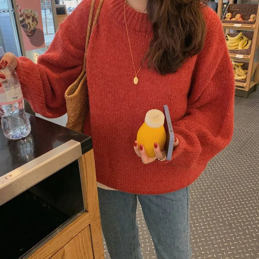 Loose-Fitting Knit Sweater - Korean Style Thick Pullover