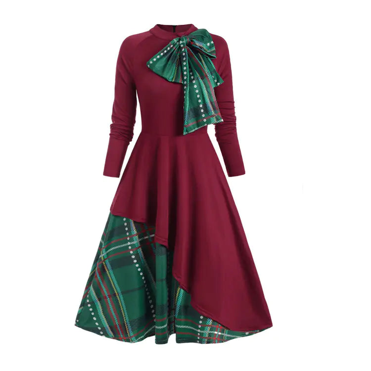 2020 Amazon Plaid Bow Long Sleeve Dress for Women