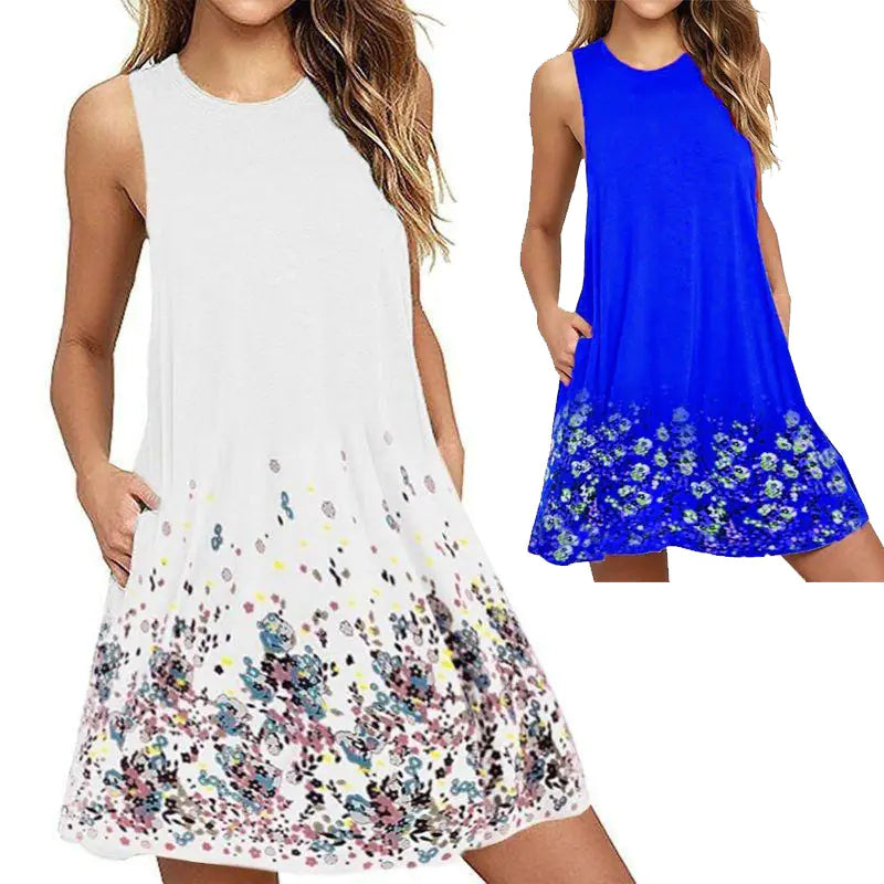 Floral Sleeveless A-Line Dress with Round Neck