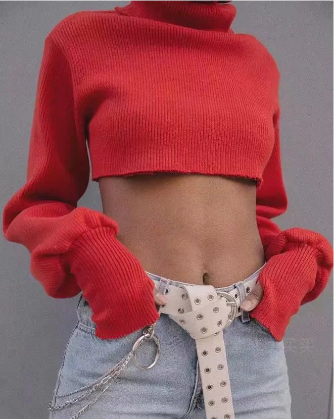 Loose Fit High Neck Crop Knit Sweater with Long Sleeves