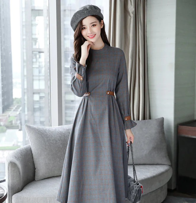 New Autumn Belted A-Line Long Dress with Round Neck