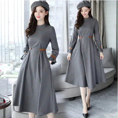New Autumn Belted A-Line Long Dress with Round Neck