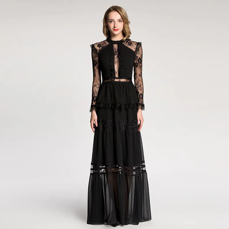 Elegant Lace Sheer Long Dress with Court Style