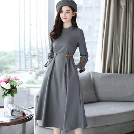 New Autumn Belted A-Line Long Dress with Round Neck