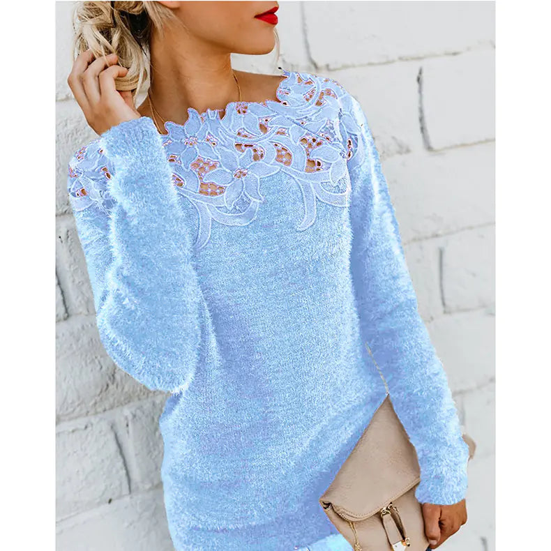 Solid Color Lace Stitch Long Sleeve Sweater