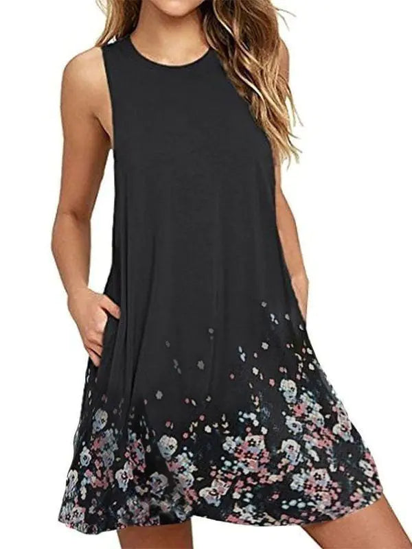 Floral Sleeveless A-Line Dress with Round Neck