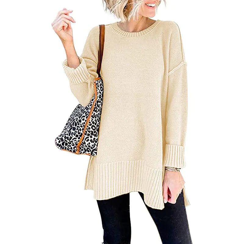 Loose Wool Knit Pullover Top with Side Slit and Long Sleeves