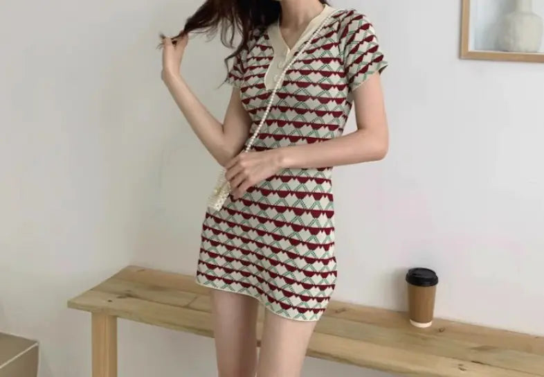 Slim Fit V-Neck Short Sleeve Knit Dress
