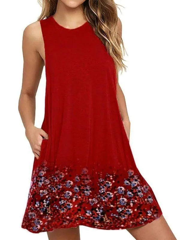 Floral Sleeveless A-Line Dress with Round Neck