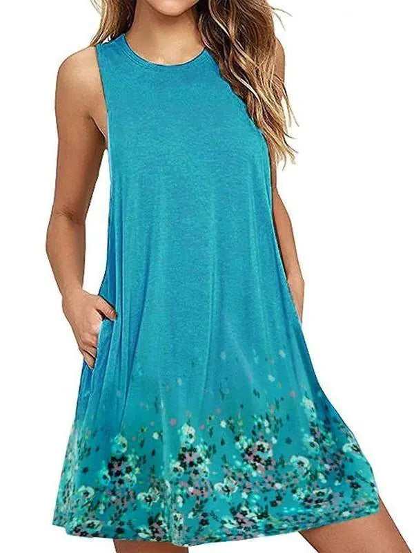 Floral Sleeveless A-Line Dress with Round Neck