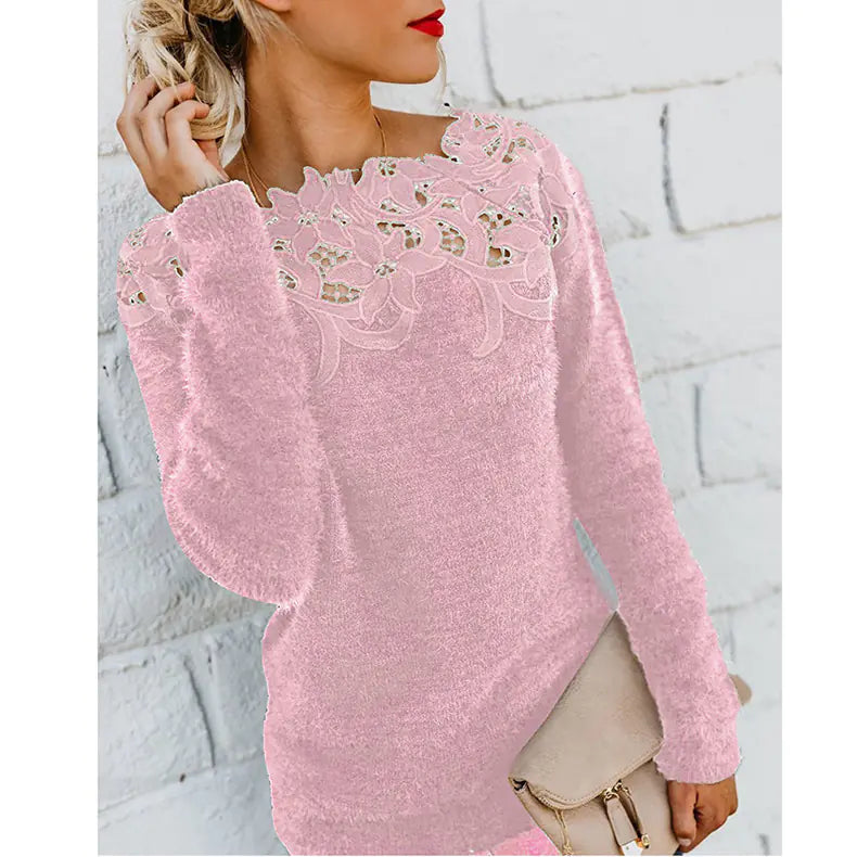 Solid Color Lace Stitch Long Sleeve Sweater