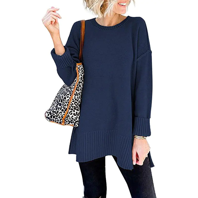 Loose Knit Pullover Top with Side Slit and Long Sleeves