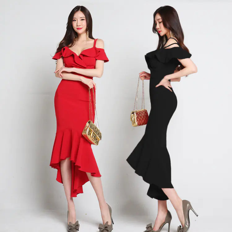 V-Neck Off-Shoulder High Waist Flare Dress