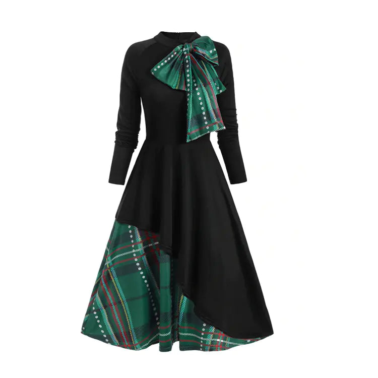 2020 Amazon Plaid Bow Long Sleeve Dress for Women