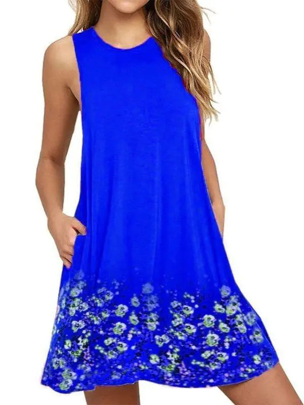 Floral Sleeveless A-Line Dress with Round Neck
