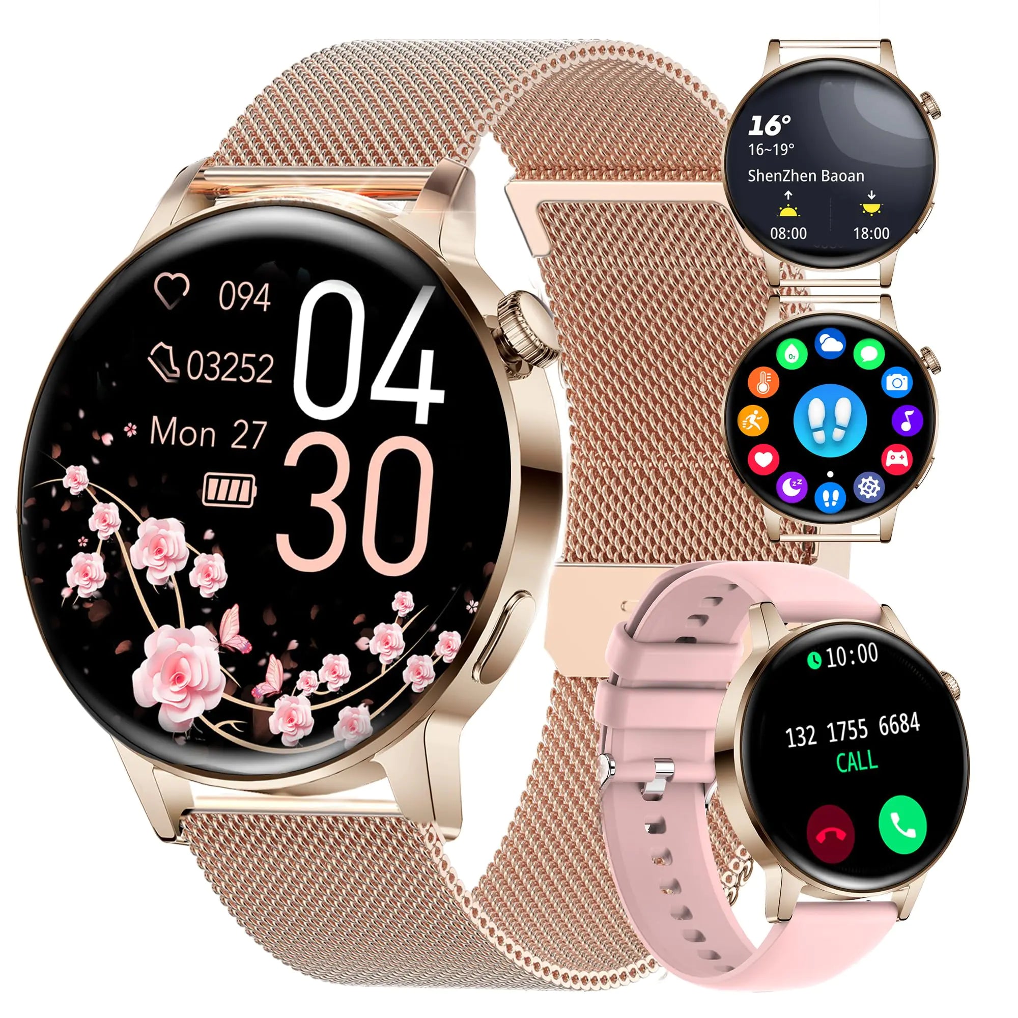 Fashion Smart Watch for Women IP67 Waterproof Fitness Watch Bluetooth Call Receive Dial 1.32" HD Touch Screen LCD Heart Rate Sleep Monitor smartwatch for iOS Android Phones (with 2 Bands) 03 Gold