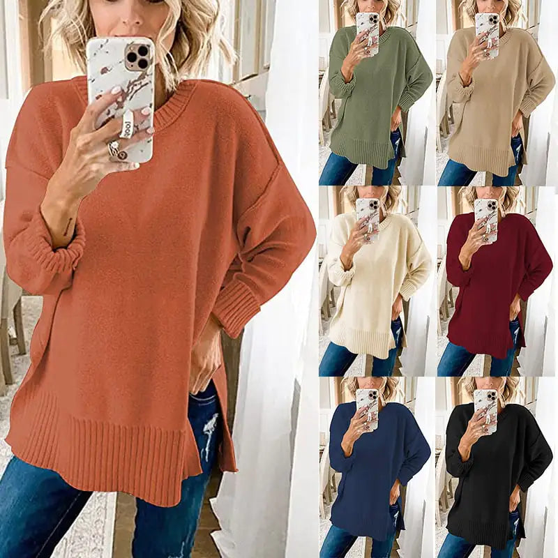 Loose Knit Pullover Top with Side Slit and Long Sleeves