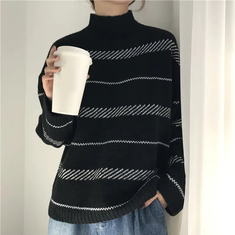 Korean Style Loose Turtleneck Striped Sweater