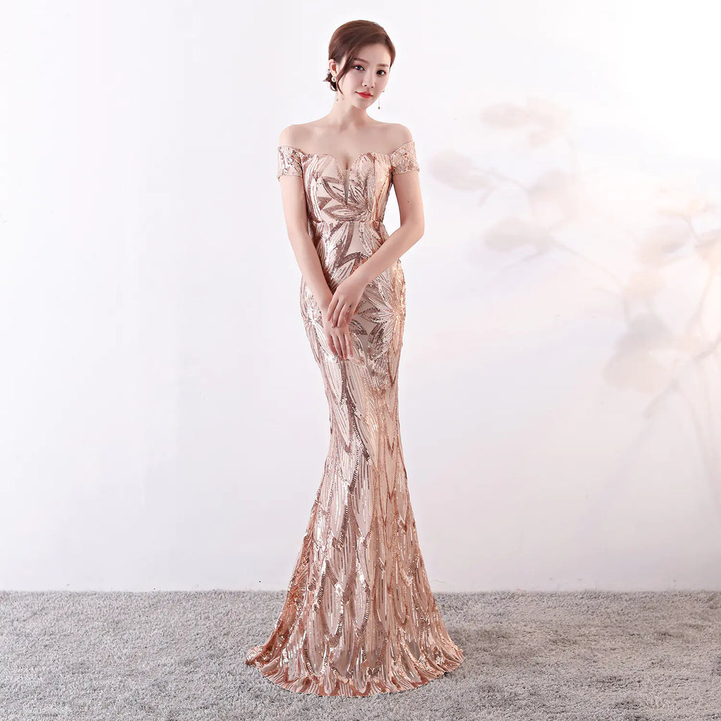 Off-Shoulder Sequin Mermaid Evening Gown for Events