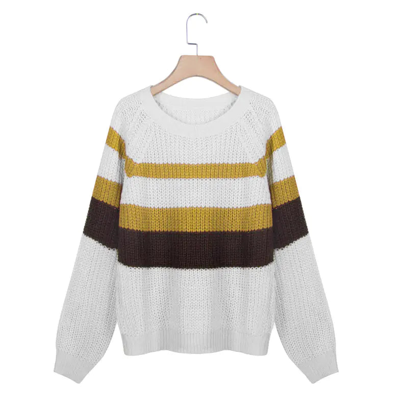 Casual Loose Color-Block Knit Sweater with Long Sleeves