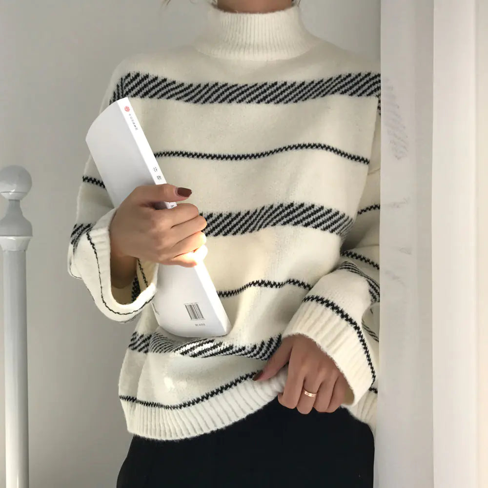 Korean Style Loose Turtleneck Striped Sweater