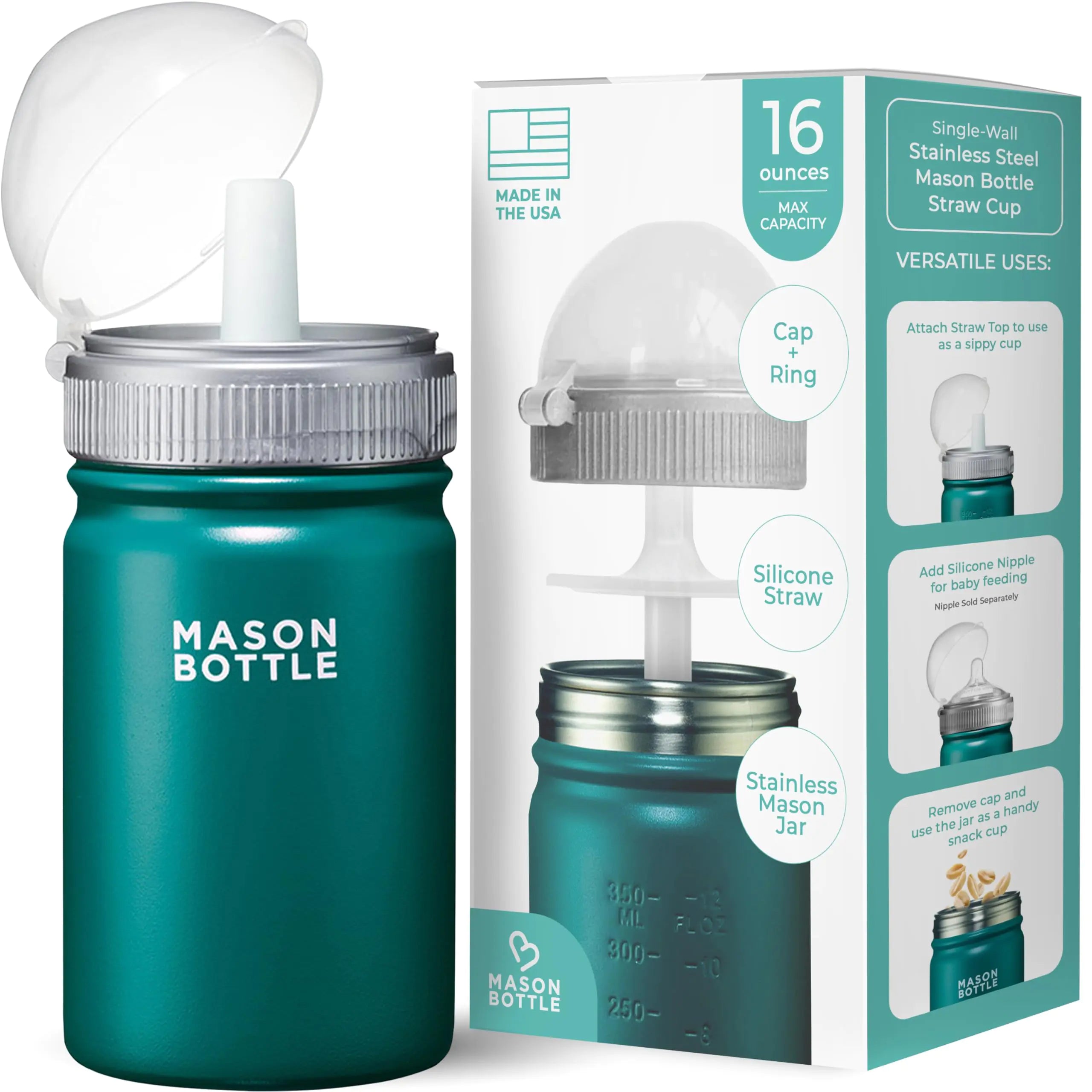 Mason Bottle Kids Mason Jar Cup with Lid and Straw - 16oz Stainless Steel Sippy Cup - BPA-Free Spill Proof Toddler Tumbler - Regular-Mouth Single-Wall Snack Cup Smoothie Cup for Kids (Green)