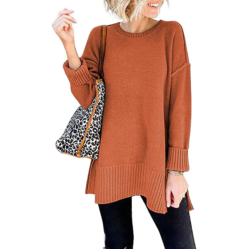 Loose Knit Pullover Top with Side Slit and Long Sleeves
