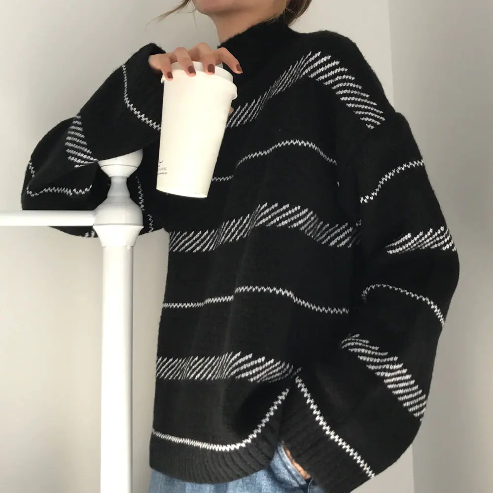 Korean Style Loose Turtleneck Striped Sweater