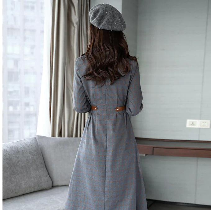 New Autumn Belted A-Line Long Dress with Round Neck