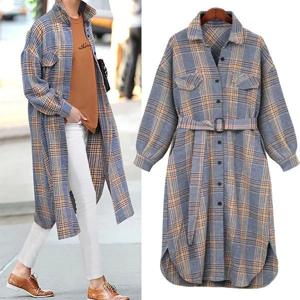 Korean Autumn Winter Plaid Shirt Dress Woolen Jacket