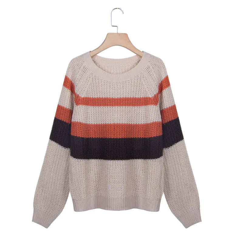 Casual Loose Color-Block Knit Sweater with Long Sleeves