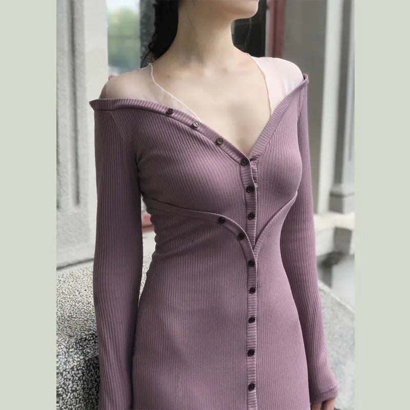 Two-Tone Knit Dress for Women - Long Sleeve, Slim Fit